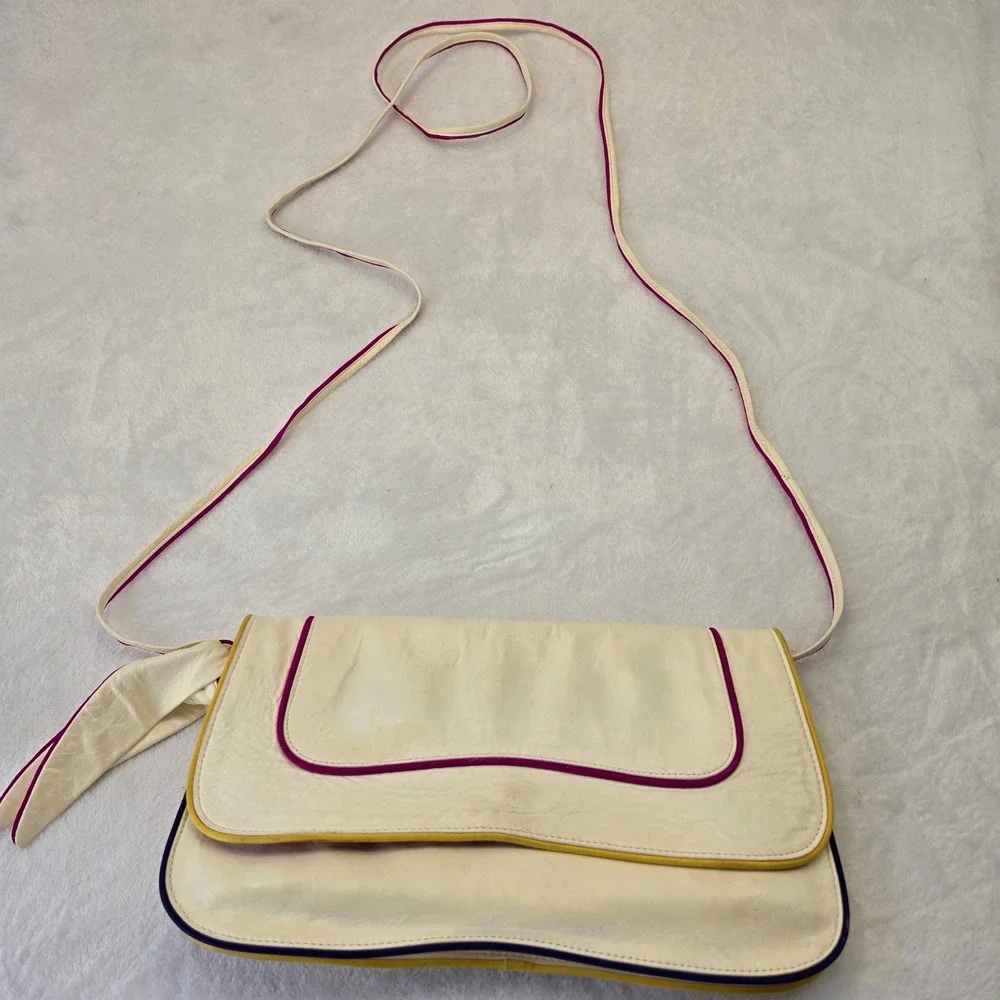 Kooba Leather Oversized Clutch Bag Cream with Multicolor Piping Wristlet Strap